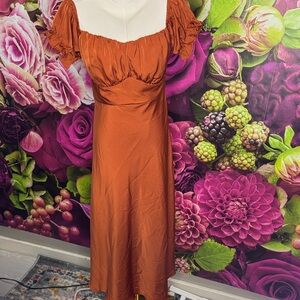 Rust Orange Puff-Sleeve Midi Dress - Women's